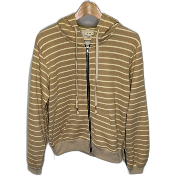 POL Tan Cream Striped Full Zip Front Long Sleeve Drawstring Hoodie Size S - Picture 2 of 13